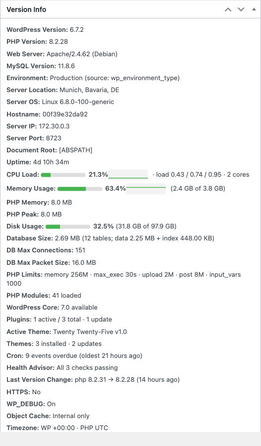 Version Info dashboard widget with live system resources, CPU and memory sparklines, server location, uptime, and 25+ rows of WordPress and server diagnostics