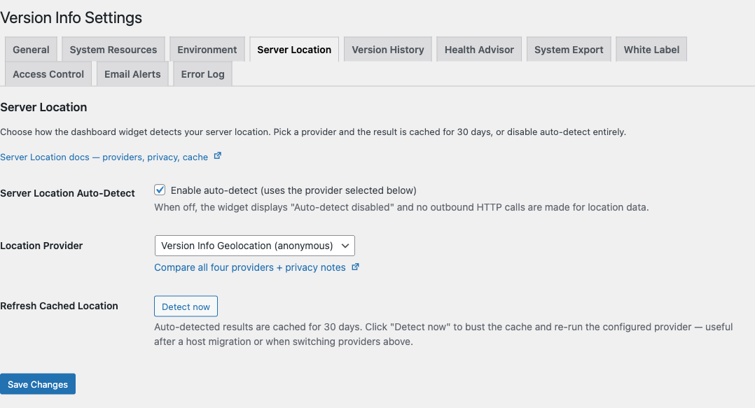 Version Info Server Location settings tab in WordPress admin showing the auto-detect toggle, the four-provider dropdown set to Version Info Geolocation (anonymous), and a Detect now button to bust the 30-day cache