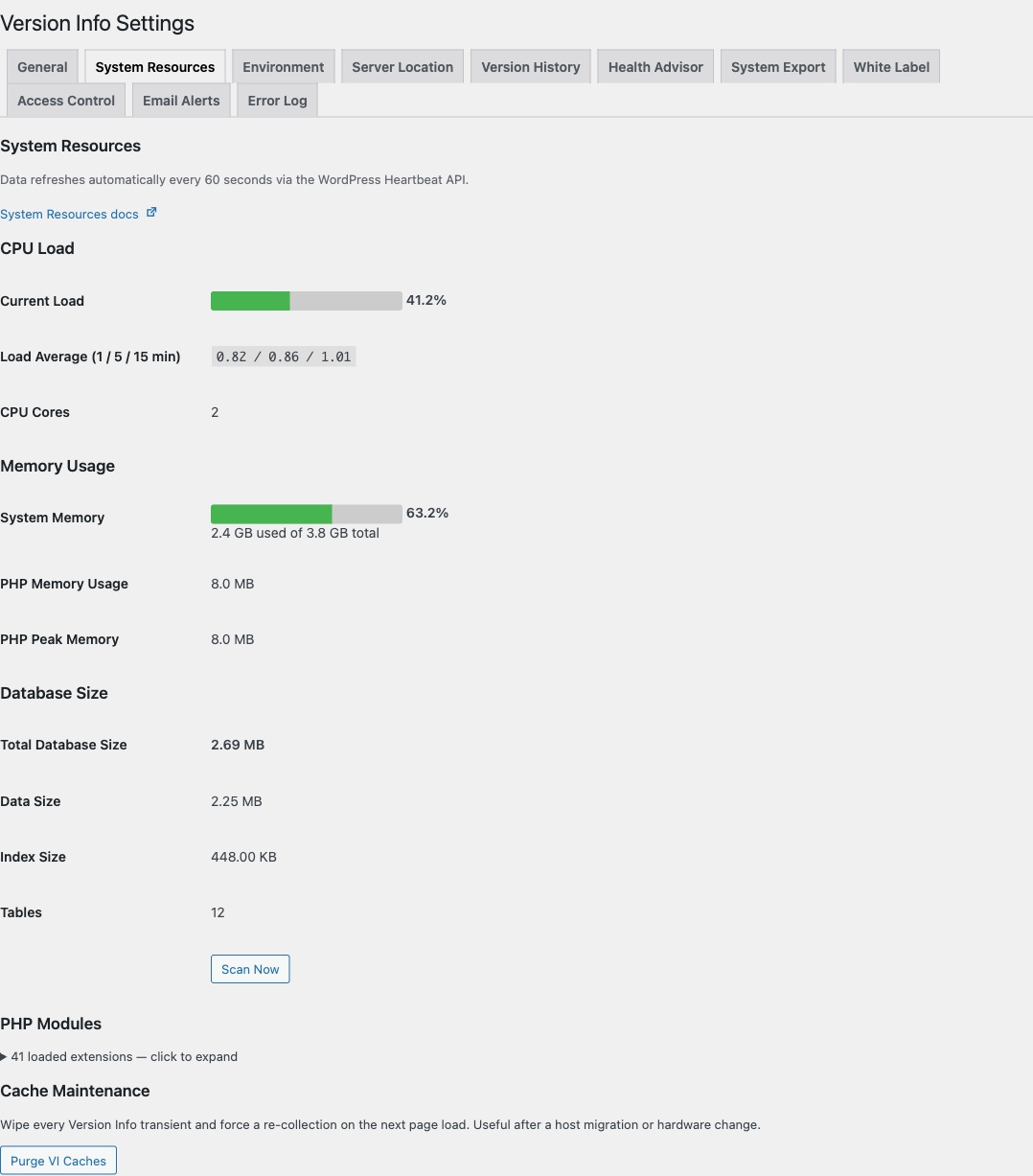 Version Info System Resources settings tab showing live CPU load bar with load averages and cores, memory usage bar with system RAM, PHP memory usage, database size with table count, PHP modules list, and a Purge VI Caches button